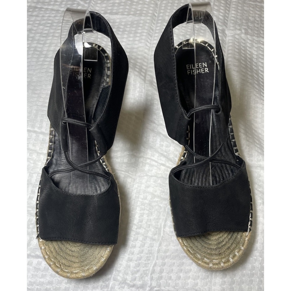 Eileen Fisher Agnes Black Suede Espadrille Wedge Sandals Women's 9.5